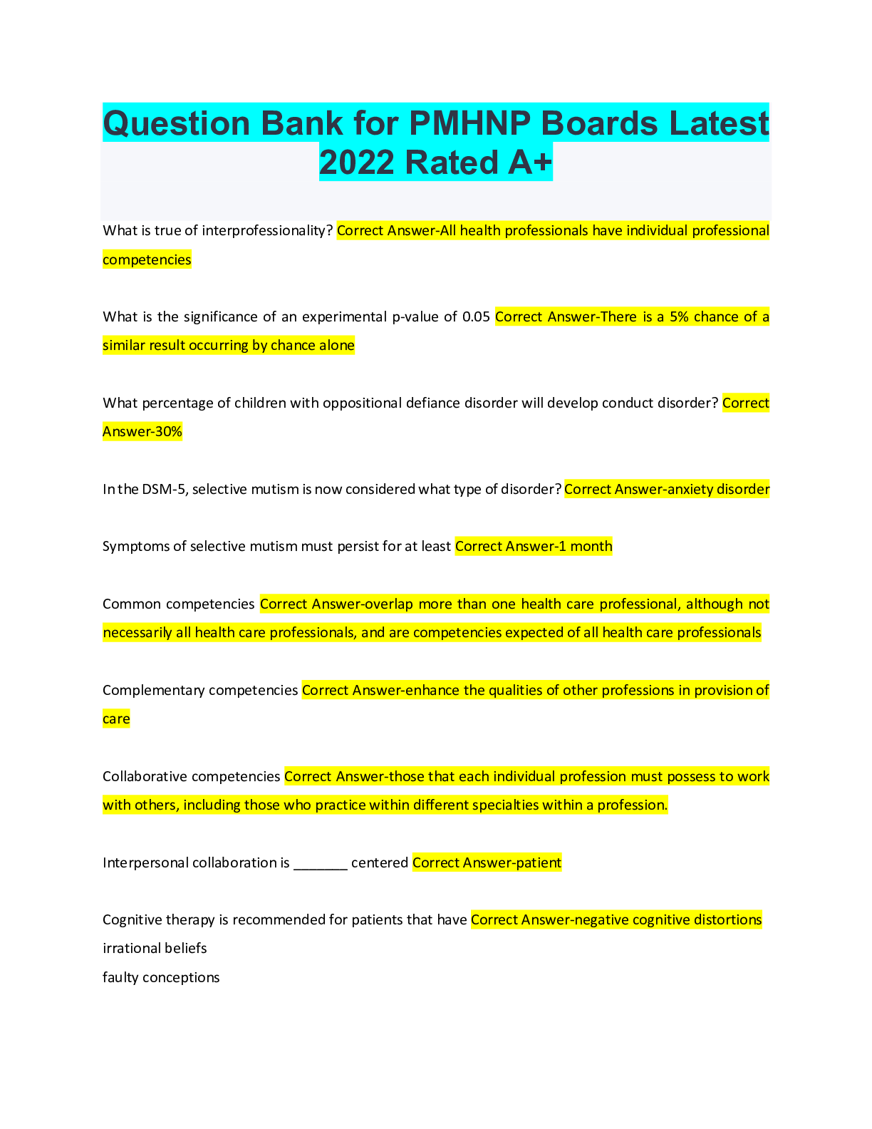 Question Bank for PMHNP Boards Latest 2022 Rated A+
